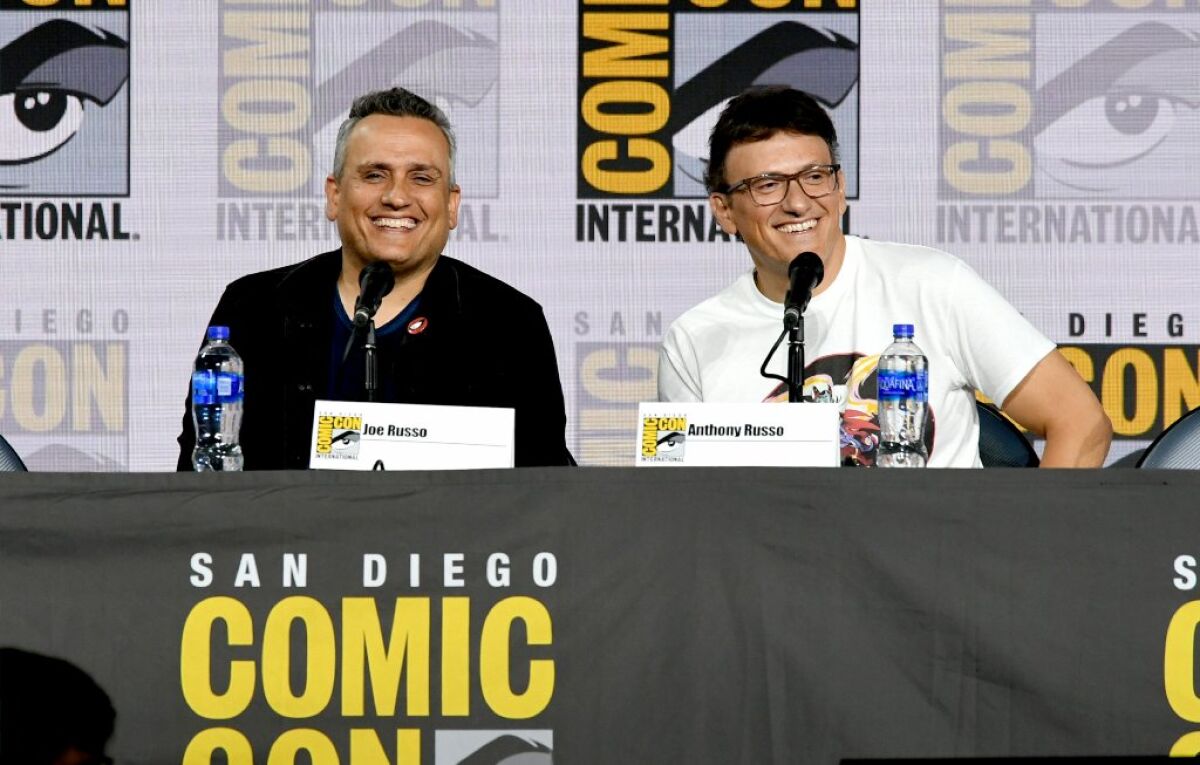 Joe Russo and Anthony Russo speak at the Writing "Avengers: Endgame" Panel during 2019 Comic-Con International at San Diego Convention Center on July 19, 2019 in San Diego, California.