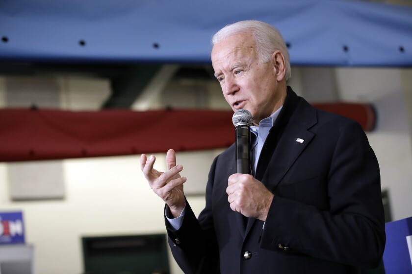 Democratic presidential candidate Joe Biden speaks during a campaign event Tuesday in Muscatine, Iowa.