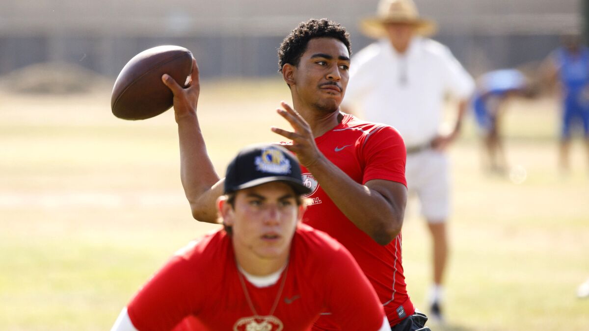 Mater Dei quarterback Bryce Young throws a pass during the Battle at the Beach summer varsity football passing league tournament at Edison High School on July 7 in Huntington Beach.