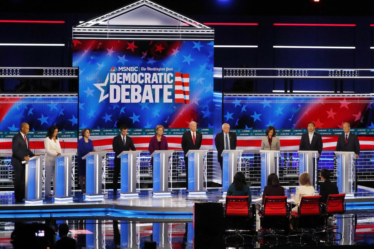 Democratic presidential candidates onstage for the fifth primary debate, held Wednesday in Atlanta.