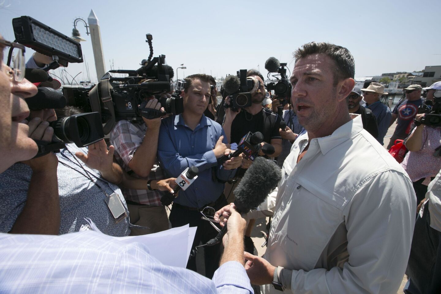 Congressman Duncan D. Hunter, who was indicted yesterday on campaign finance violations addressed questions from the media after returning from a Rivers of Recovery Fishing Tournament for Wounded Combat Veterans fundraiser in San Diego.