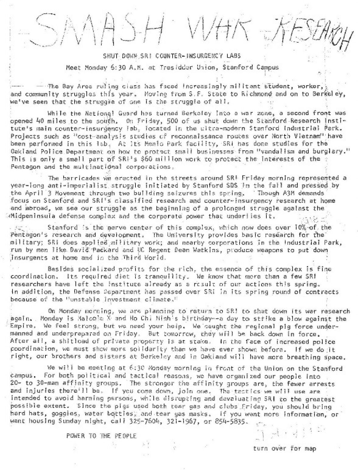 A type-written page with the handwritten words "Smash War Research" at the top.