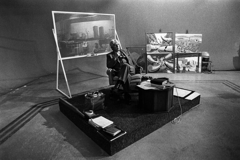 May 24, 1983: Television preacher Gene Scott on his set at KHOF-TV Channel 30. The FCC forced Scott to shut down his television station. This photo appeared in the Mary 25, 1983, Los Angeles Times.