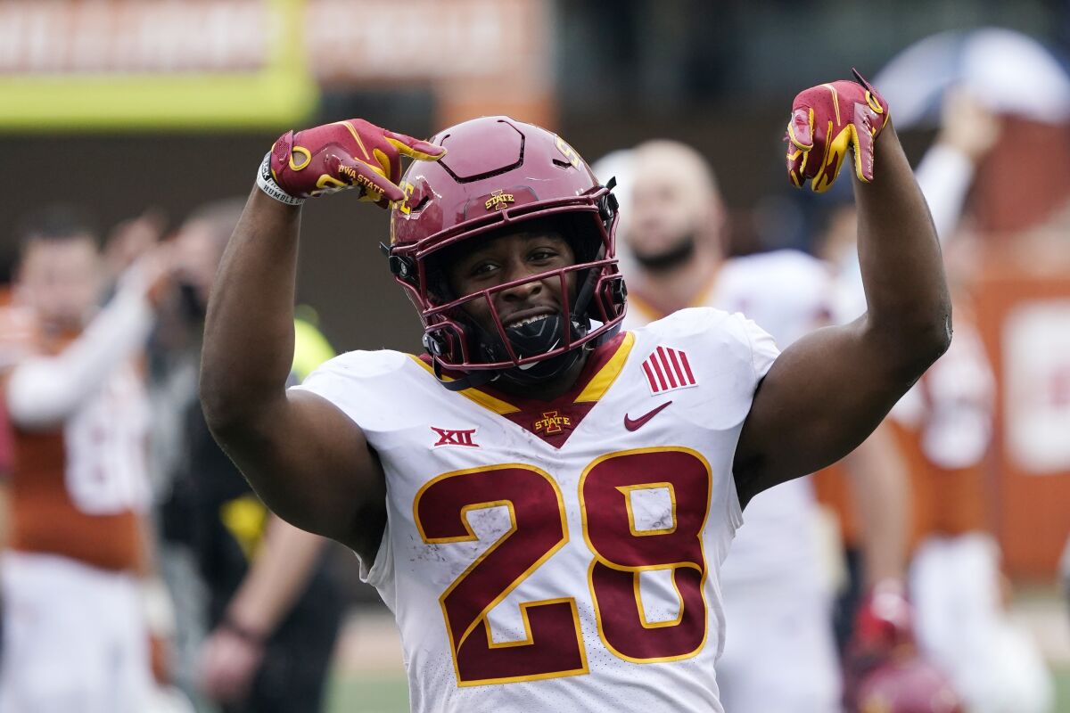 Iowa State running back Breece Hall celebrates the team's win over Texas on Nov. 27, 2020, in Austin, Texas.
