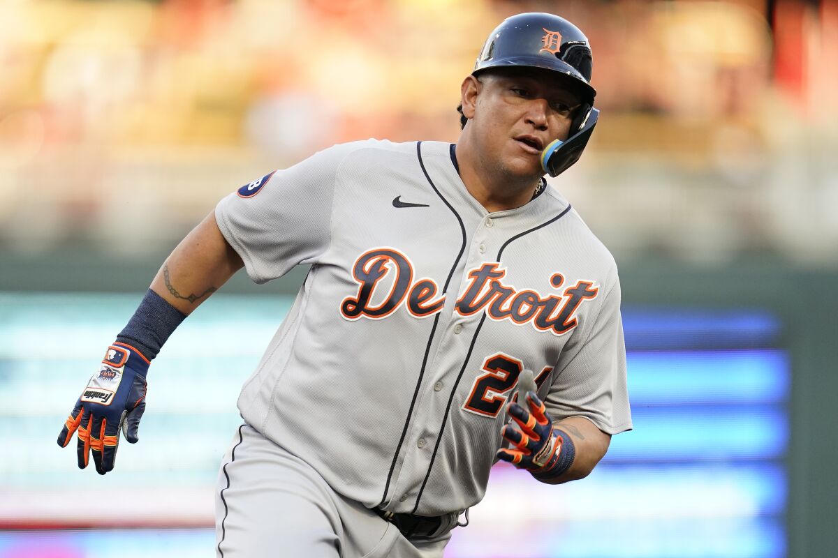 Detroit Tigers designated hitter Miguel Cabrera runs the bases to score off an RBI-single by Tucker Barnhart against the Minnesota Twins during the top of the fourth inning of a baseball game in Minneapolis, Monday, Aug. 1, 2022. (AP Photo/Abbie Parr)