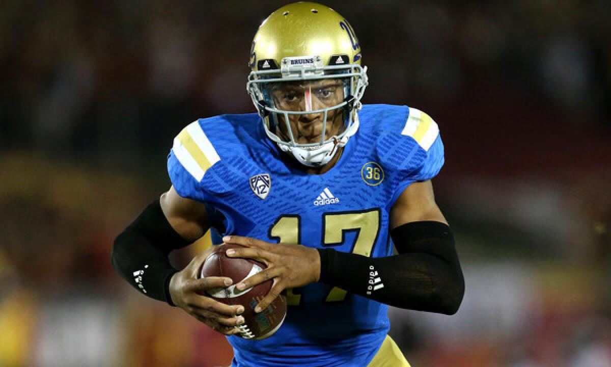 UCLA quarterback Brett Hundley is thinking about jumping early to the NFL, but Bruins offensive coordinator Noel Mazzone hopes the sophomore will be thinking about the Virginia Tech secondary this week.