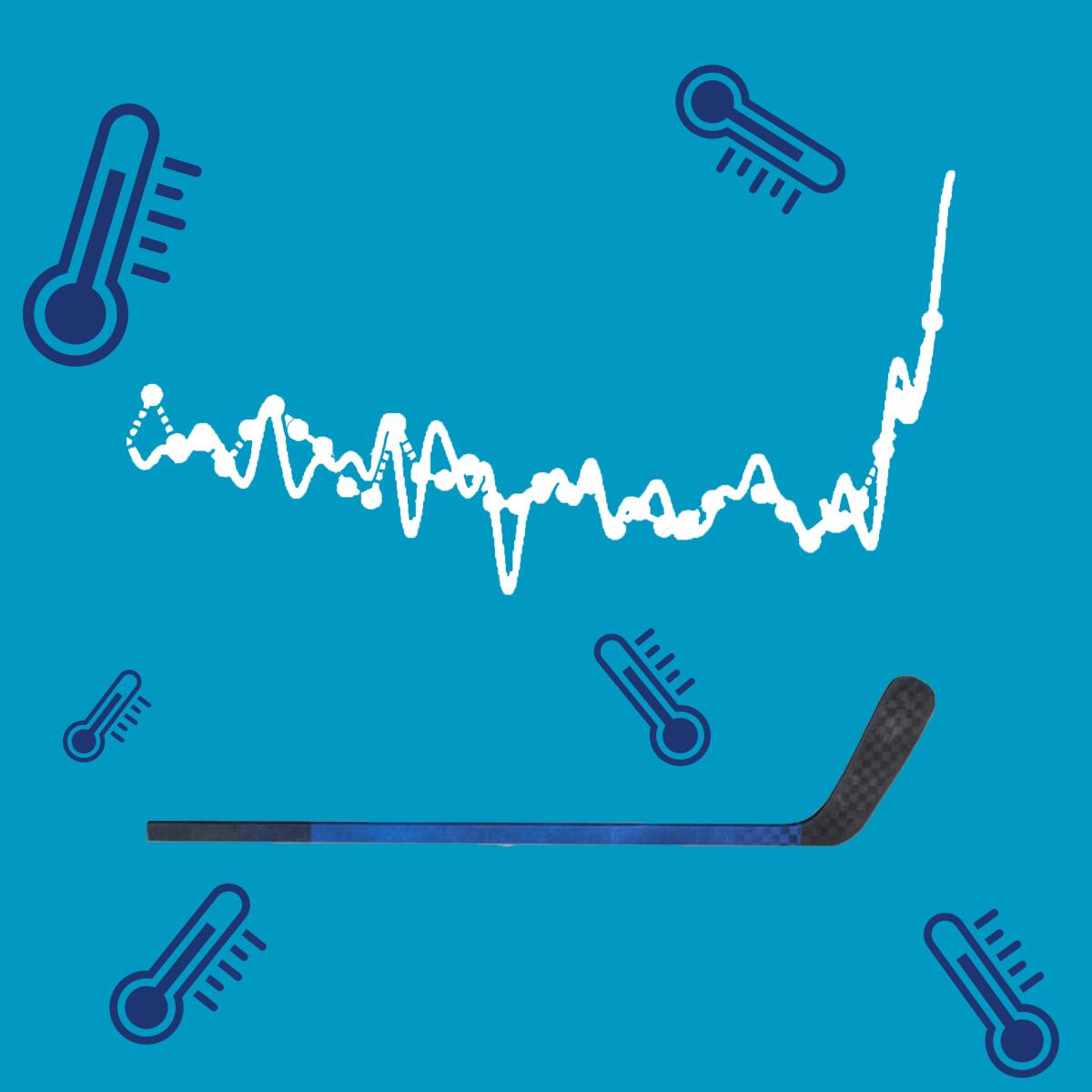 An illustration of thermometers and a hockey stick