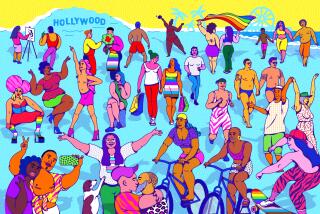 illustration of diverse people, families, in various activities, wearing colorful outfits with L.A. landmarks in the distance