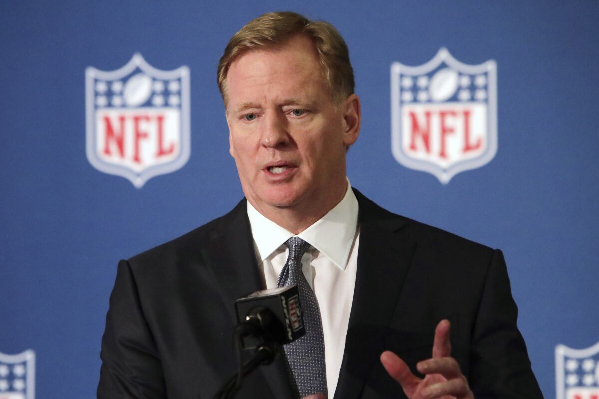 NFL Commissioner Roger Goodell speaks during a news conference in Irving, Texas in 2018.