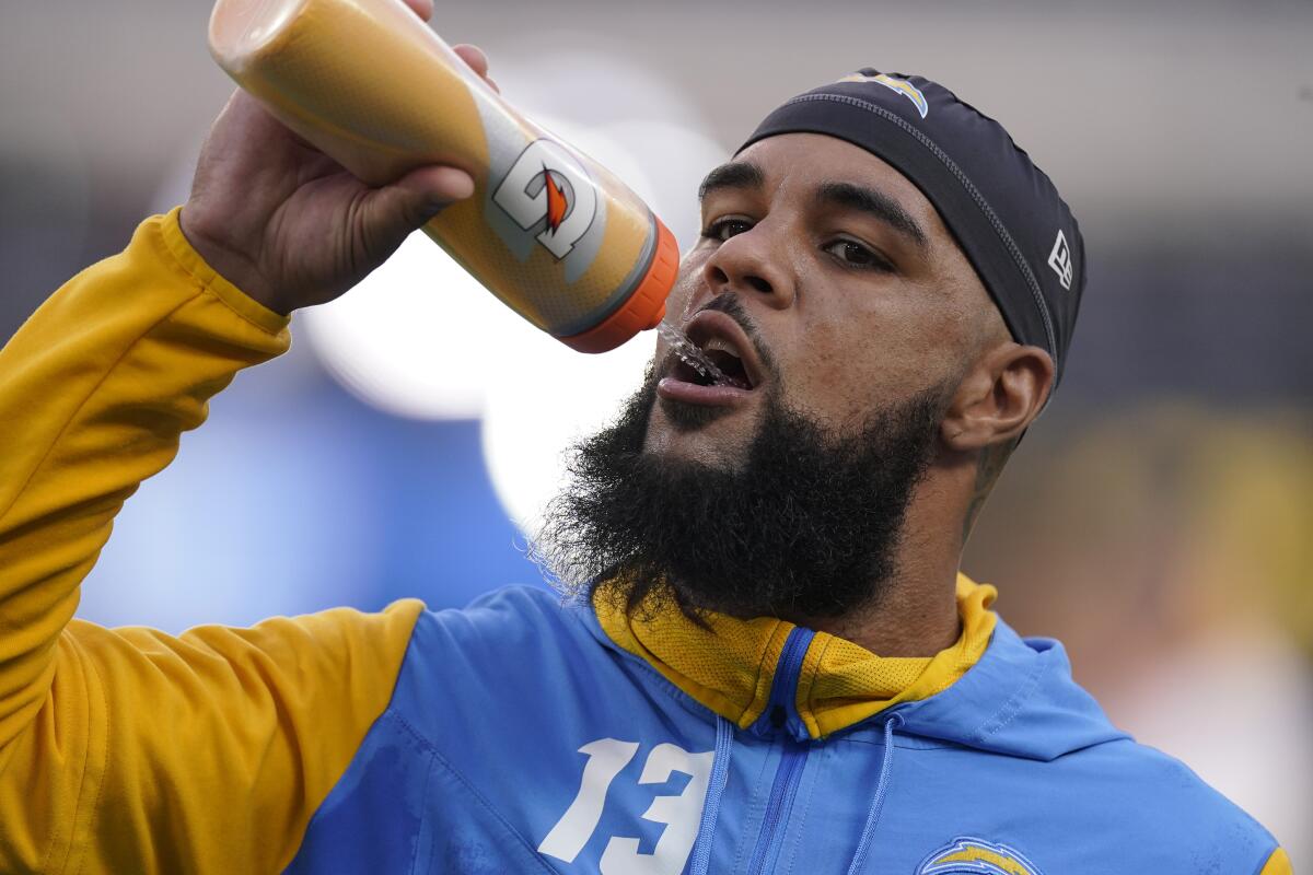 Chargers wide receiver Keenan Allen takes a drink before a game in October.