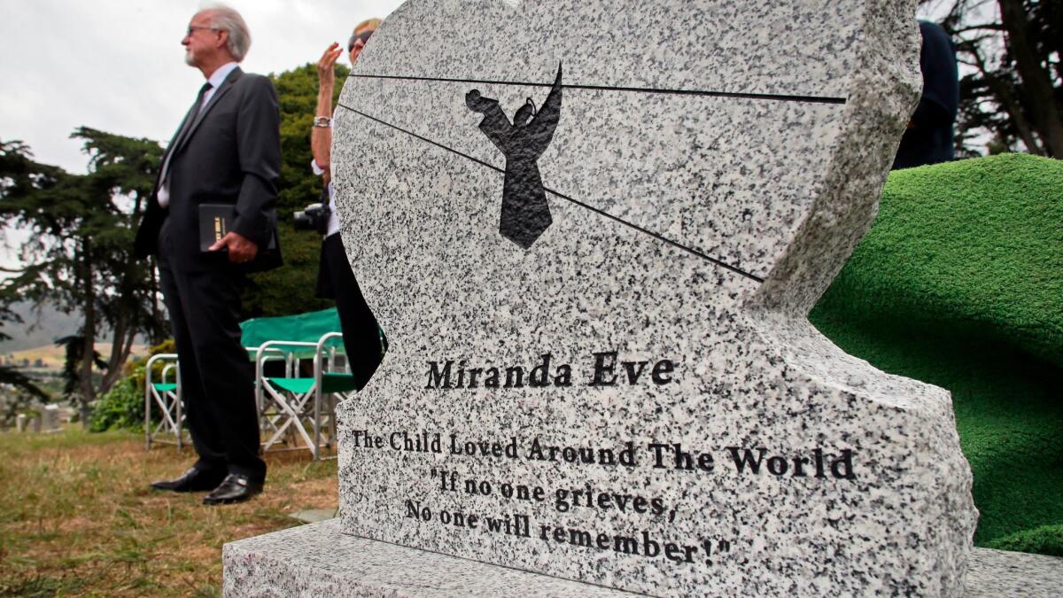 FILE - This Saturday, June 4, 2016, file photo shows the gravestone that will mark the new grave of a girl, found last month buried in San Francisco, at Greenlawn Memorial Park Cemetery in Colma, Calif. The girl who died in 1876 and was found last year inside a small metal casket under a San Francisco home has been identified. The nonprofit Garden of Innocence project said Tuesday, May 9, 2017, that the child was 2-year-old Edith Howard Cook, who died on Oct. 13, 1876. (Michael Macor/San Francisco Chronicle via AP, File)