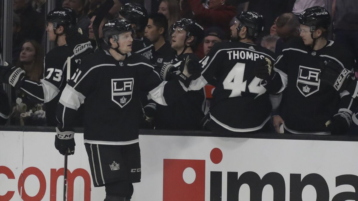 Kings left wing Austin Wagner celebrates after scoring during the first period against the Winnipeg Jets on Tuesday.