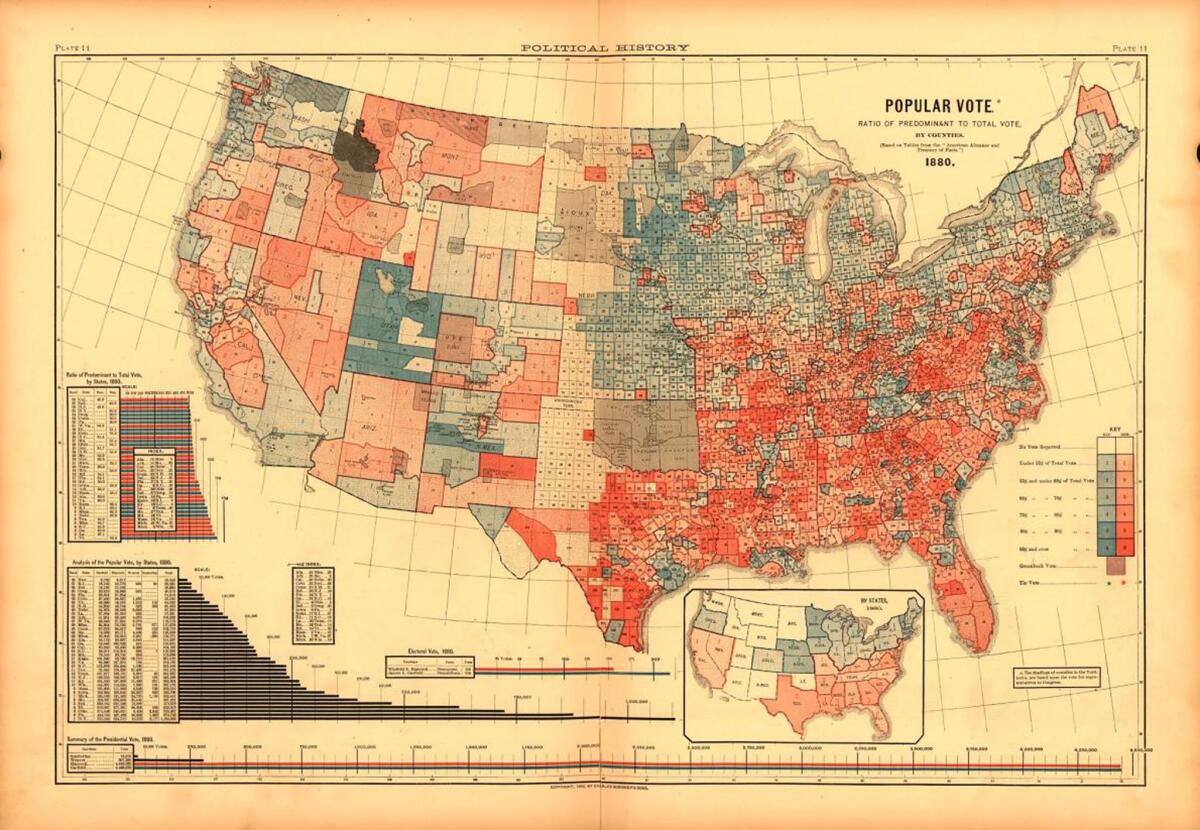 The popular vote of 1880's presidential election, as seen on the oldest-known U.S. electoral map. Published in 1883 by U.S. Census Bureau, red represented Democrats and blue was for Republicans. (Library of Congress)