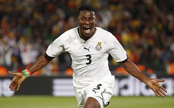 Ghana's Asamoah Gyan celebrates after scoring on a penalty kick during the World Cup Group D soccer match between Serbia and Ghana at Loftus Versfeld Stadium. Ghana won, 1-0.