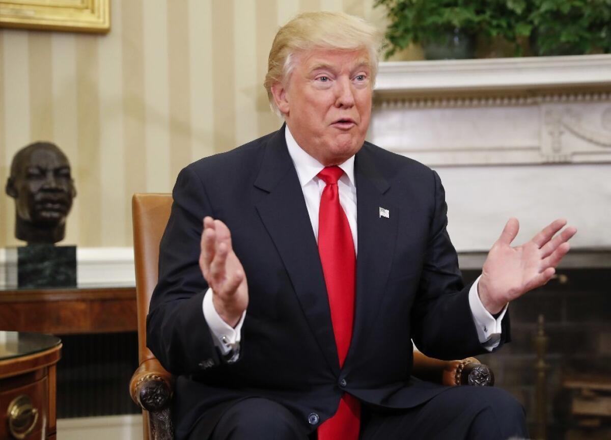 President-elect Donald Trump speaks to reporters after his meeting Thursday with President Obama in the Oval Office.