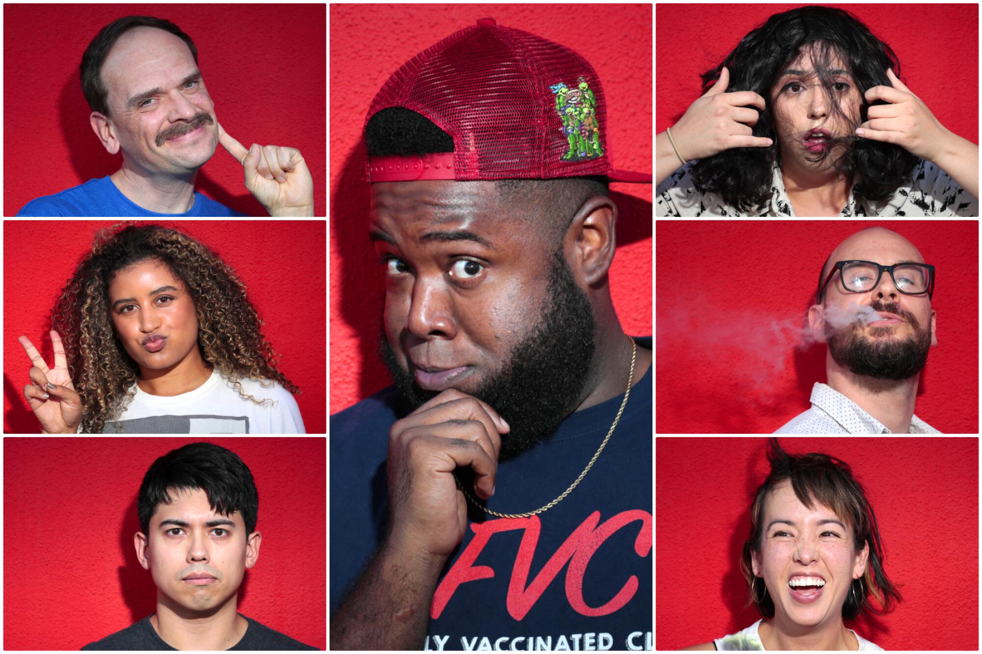 Seven panels of people making silly faces