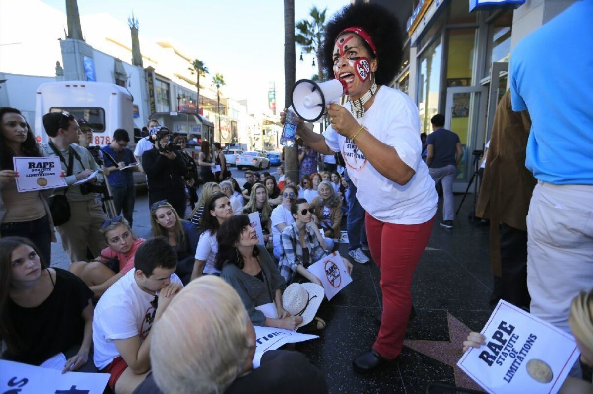 Lili Bernard, who claims Bill Cosby drugged and raped her in the 1990s, speaks at a rally in Hollywood in November in favor of ending California's statute of limitations for sex crime prosecutions.