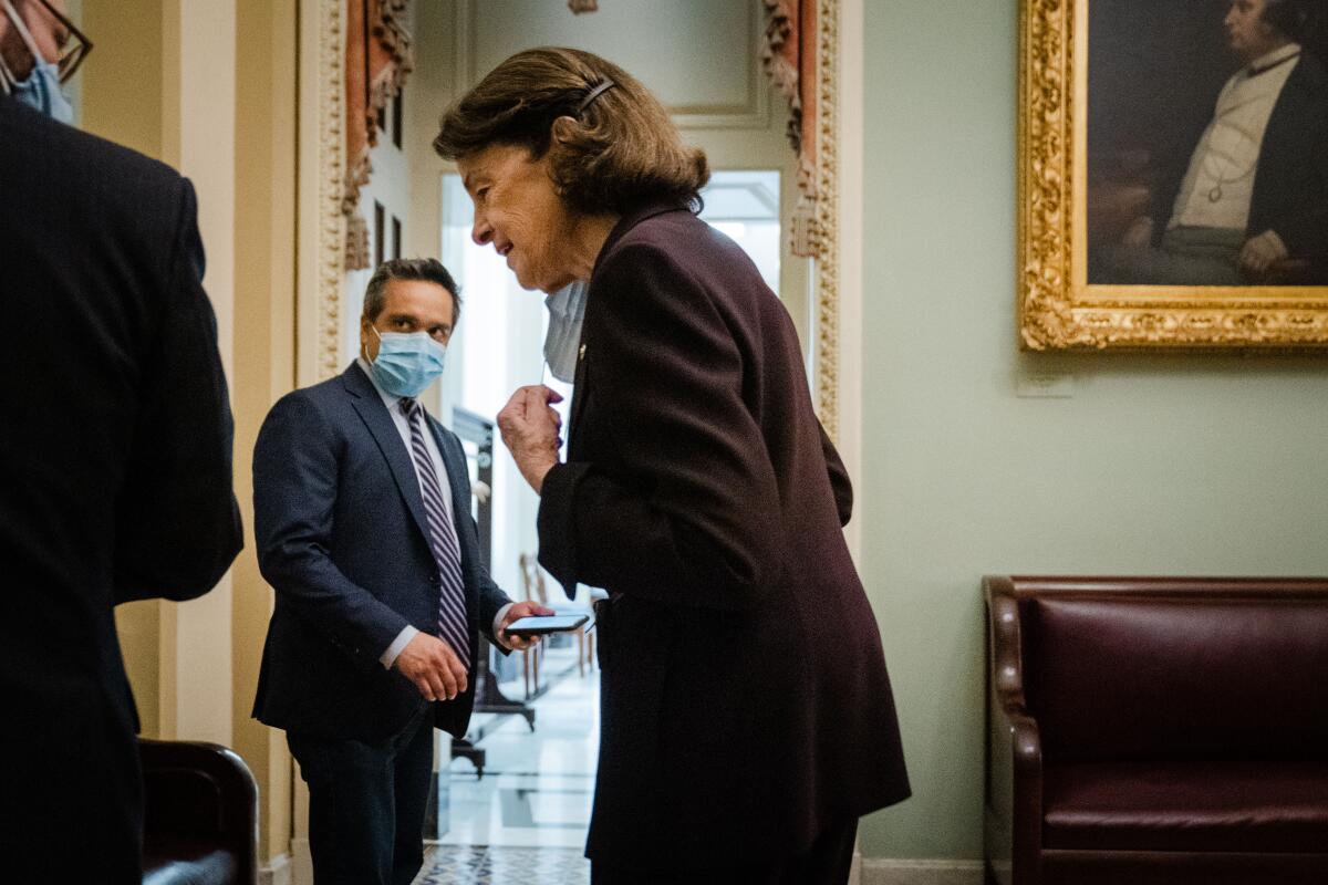 Sen. Dianne Feinstein (D-Calif.) speaks to reporters on Feb. 13, 2021, in Washington, D.C.