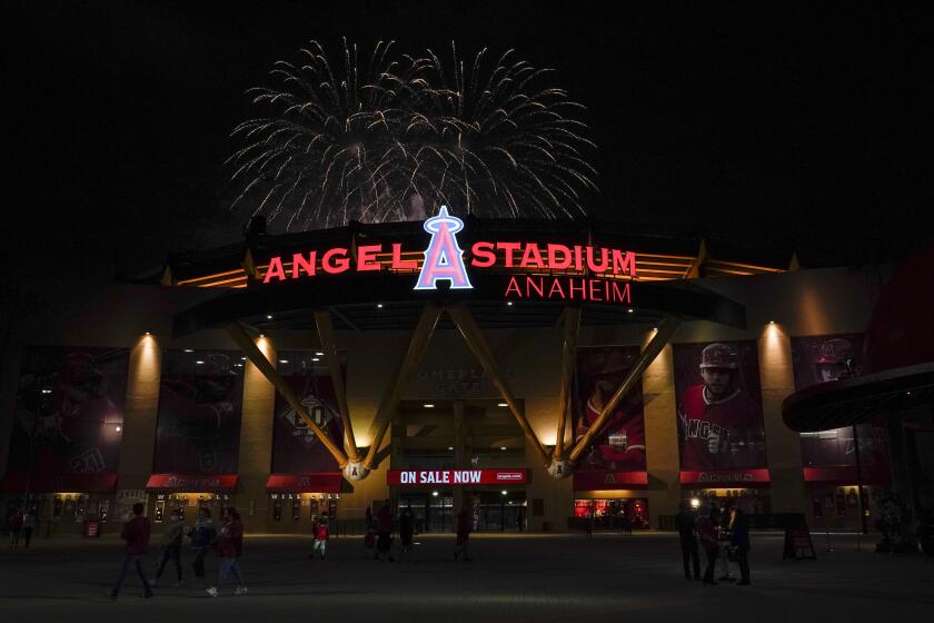 Fireworks burst over Angel Stadium after a baseball game between the Seattle Mariners and the Los Angeles Angels Saturday, June 5, 2021, in Anaheim, Calif. The Angels won 12-5. (AP Photo/Ashley Landis)