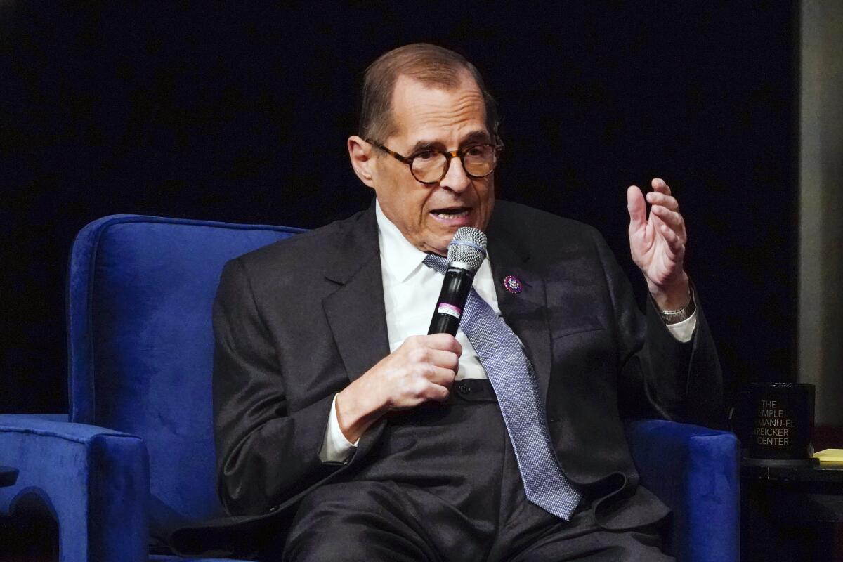 Rep. Jerry Nadler speaks at the NY-12 Candidate Forum Wednesday, Aug. 10, 2022, in New York. Nadler is running in New York's 12th Congressional District Democratic primary against Attorney Suraj Patel and Rep. Carolyn Maloney which will be held on Tuesday, Aug. 23, 2022.(AP Photo/Frank Franklin II)