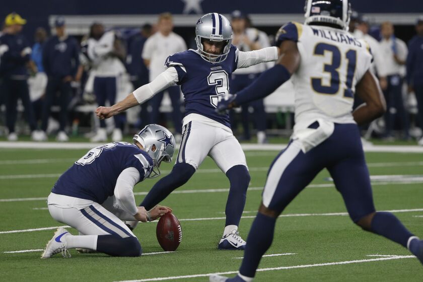 Dallas Cowboys kicker Kai Forbath (3) boots a field goal in the second half of an NFL football game against the Los Angeles Rams in Arlington, Texas, Sunday, Dec. 15, 2019. (AP Photo/Ron Jenkins)