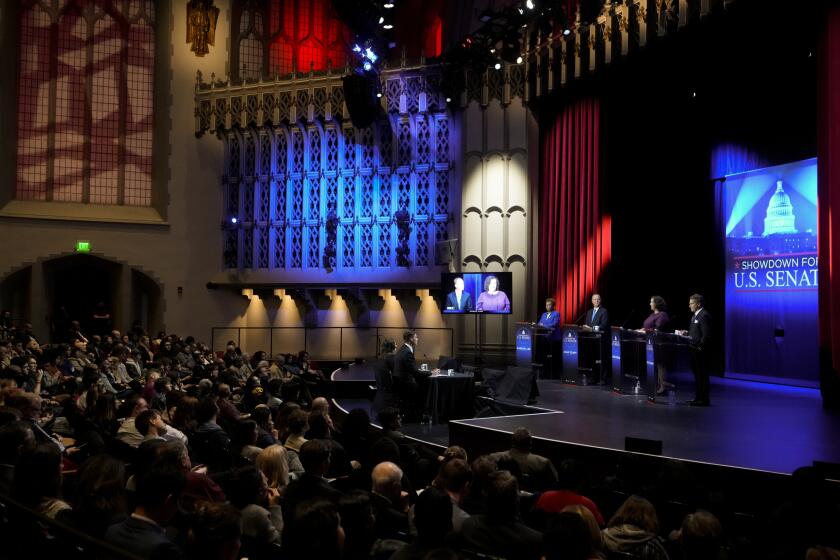 Candidates, from left, U.S. Rep. Barbara Lee, D-Calif., U.S. Rep. Adam Schiff, D-Calif., U.S. Rep. Katie Porter, D-Calif., and former baseball player Steve Garvey, stand on stage during a televised debate for candidates in the senate race to succeed the late California Sen. Dianne Feinstein, Monday, Jan. 22, 2024, in Los Angeles. (AP Photo/Damian Dovarganes)
