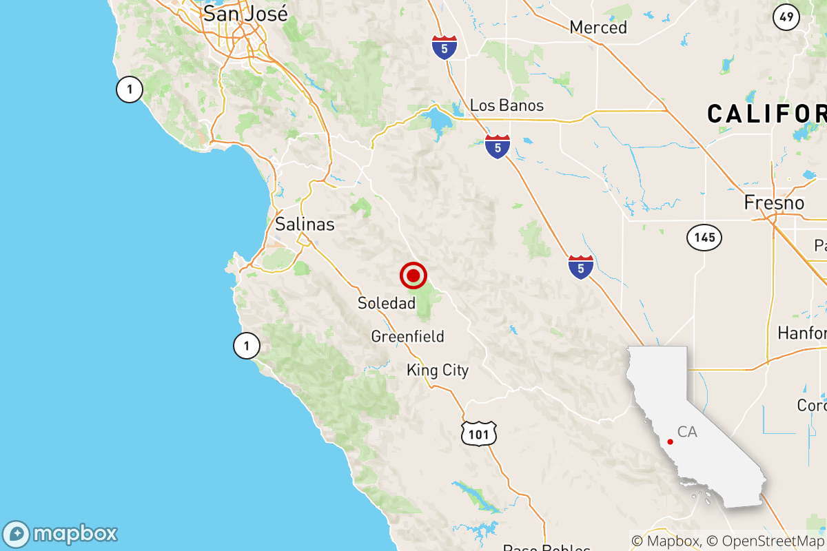A map showing that an earthquake was reported near Soledad, Calif.
