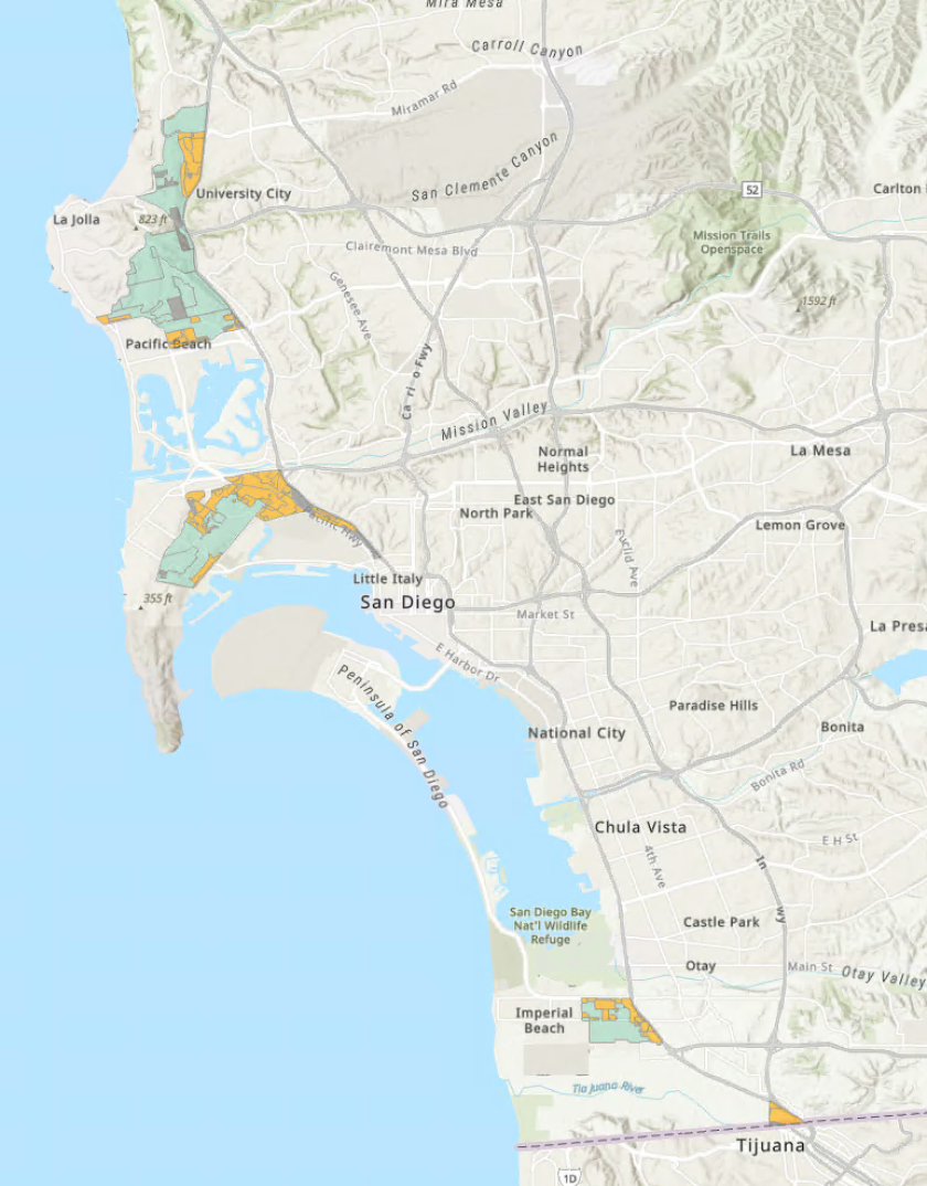 San Diego coastal zone areas subject to State Density Bonus Law