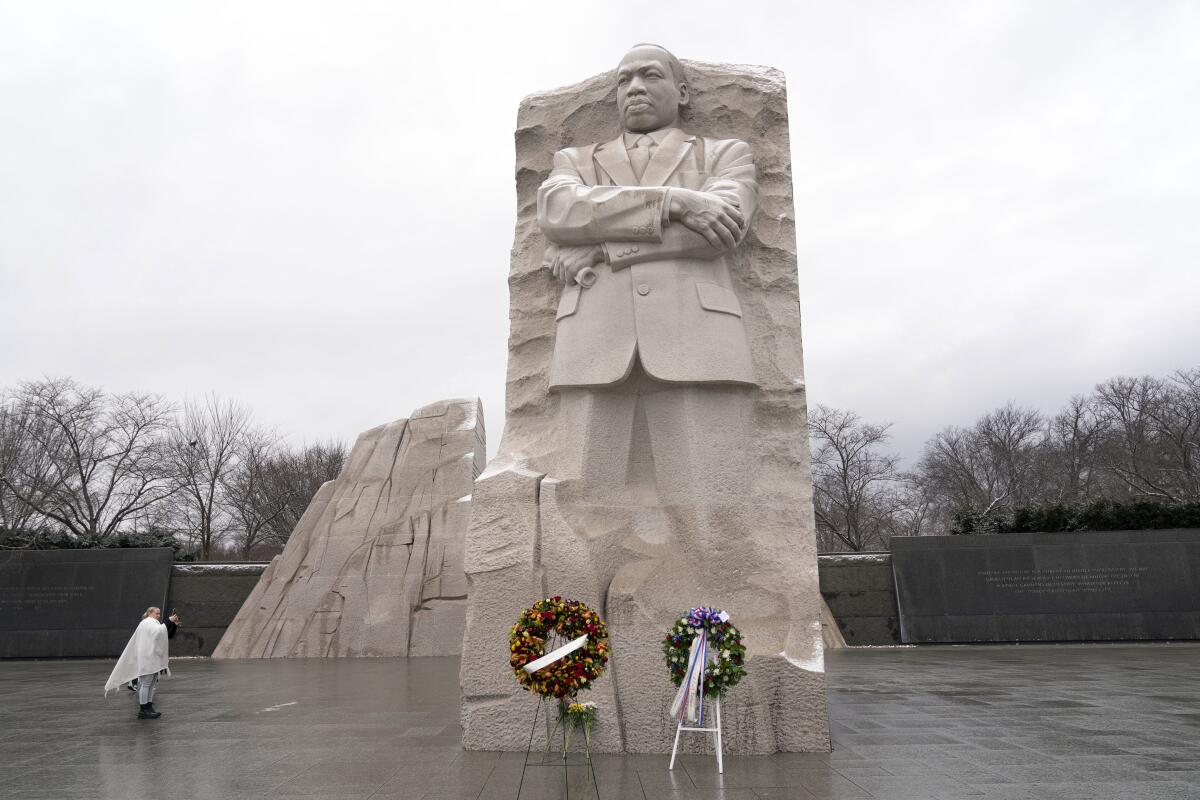 Wreaths are laid in front of the Martin Luther King Jr. Memorial in Washington.