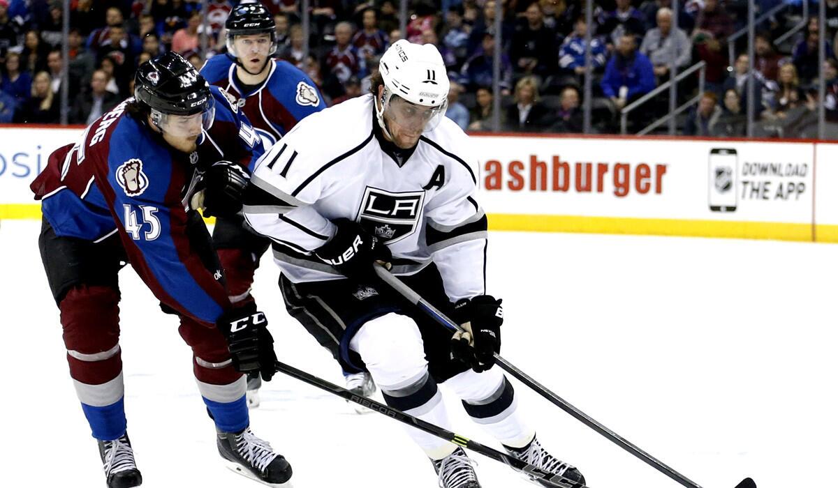 Kings center Anze Kopitar moves the puck against Avalanche right wing Dennis Everberg during the Kings' 5-2 win on Tuesday.