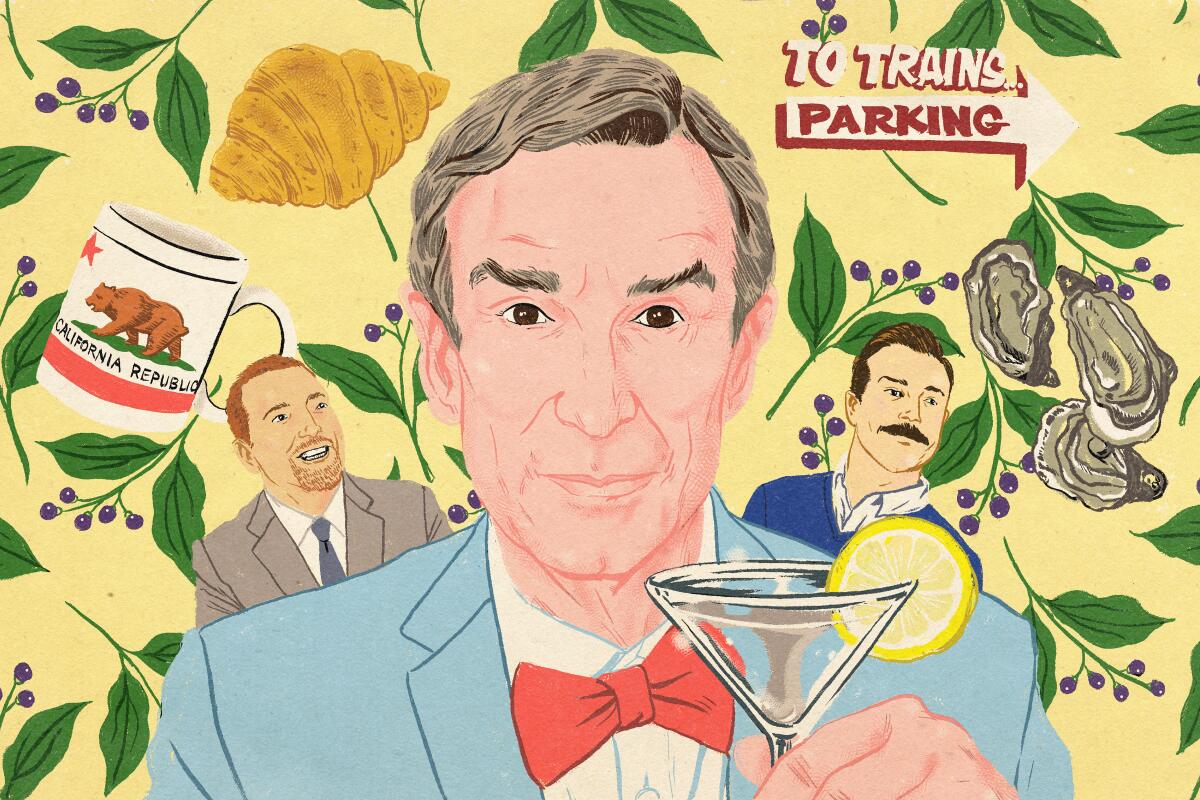 Drawing of Bill Nye with a lemon martini, a California mug, a croissant, a parking sign, oysters, Ted Lasso and Chuck Todd
