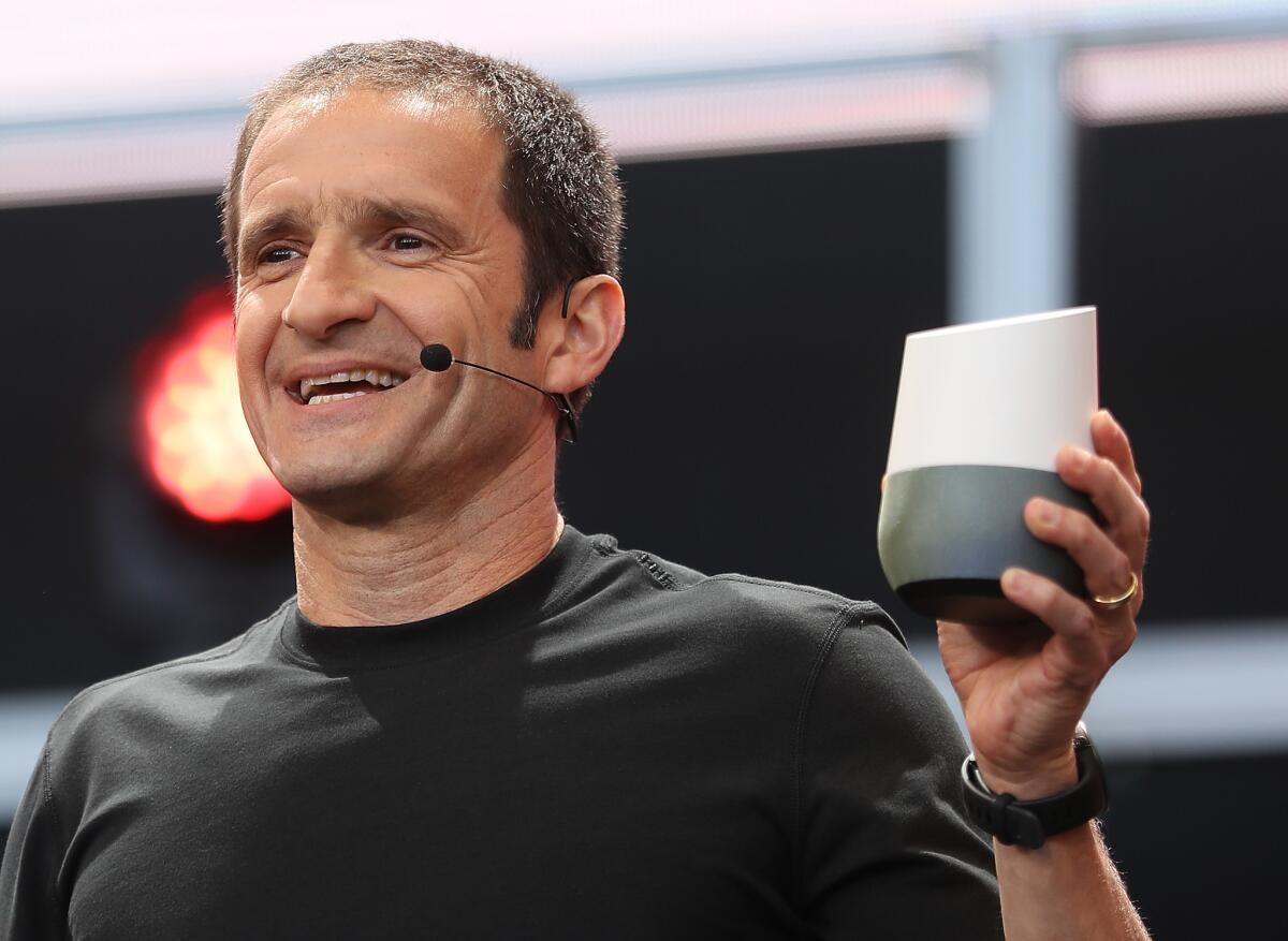Google Vice President of Product Management Mario Queiroz shows off the new Google Home device during a company event Wednesday.