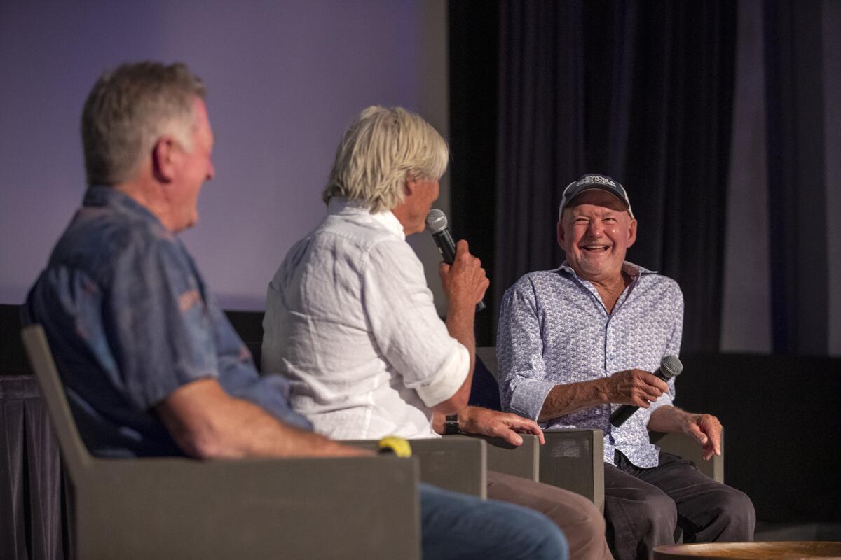 Director Greg MacGillivray, right, laughs during a Q&A before a showing of "Five Summer Stories" on Wednesday night.