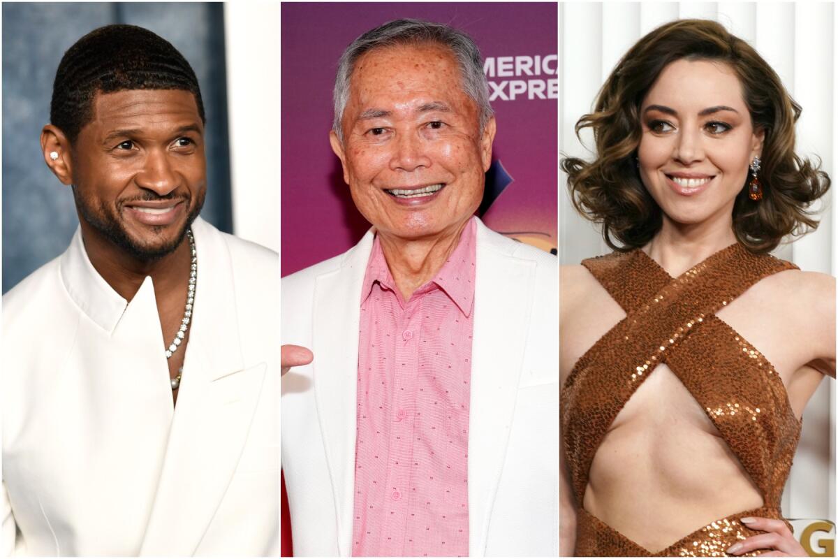 Split image of Usher smiling in a white suit, George Takei smiling in a white suit and Aubrey Plaza smiling in a brown dress