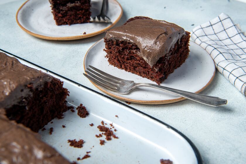 LOS ANGELES CA-August 22, 2019: Chocolate Sheet Cake on Thursday, August 22, 2019. (Mariah Tauger / Los Angeles Times / prop styling by Nidia Cueva)
