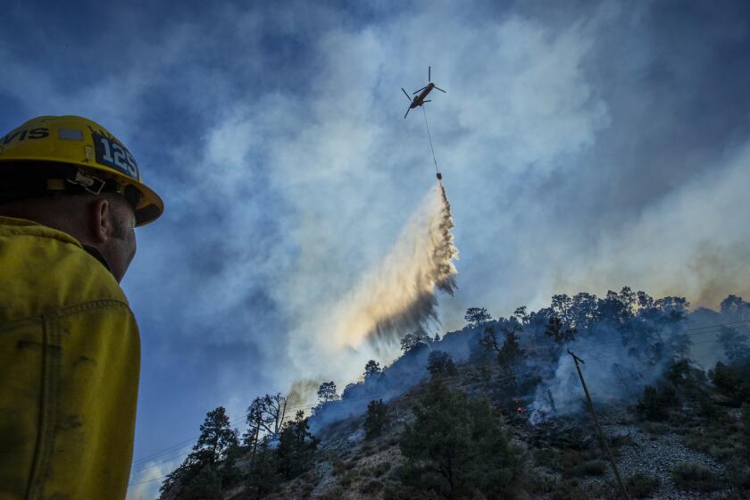 LLANO, CA - SEPTEMBER 20: Los Angeles County firefighter Tommy Davis watches a water-dropping helicopter make a drop on the Bobcat fire as it continues to burn in the Angeles National Forest near Llano Sunday, Sept. 20, 2020. Some houses and structures were lost in the Bobcat fire but most were saved. (Allen J. Schaben / Los Angeles Times)