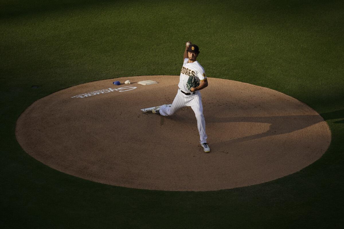 Yu Darvish delivers a pitch for the Padres against the Dodgers.