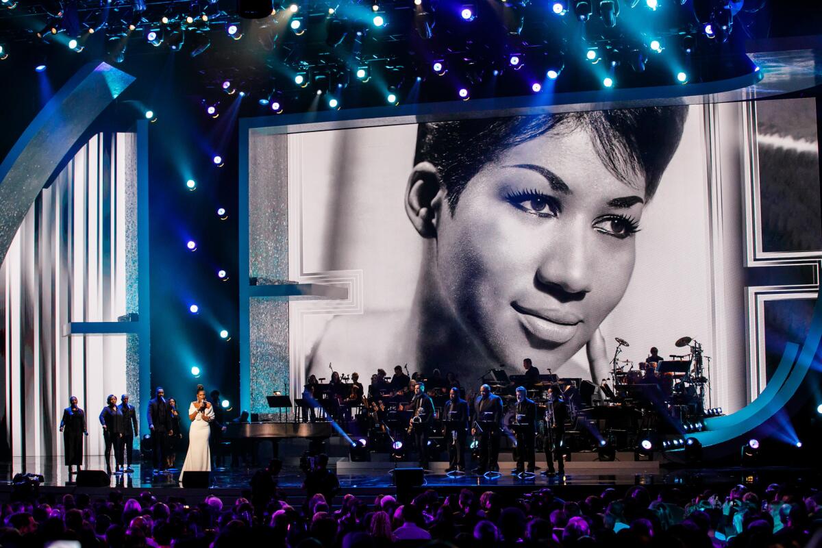 Jennifer Hudson performs Sunday during a Recording Academy tribute to the late Aretha Franklin at the Shrine Auditorium.