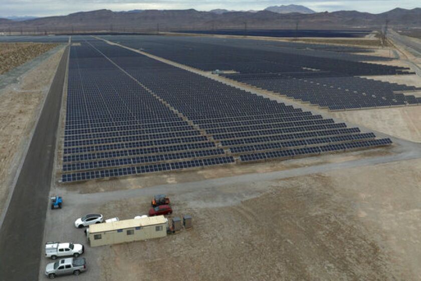 An aerial view of the MGM Mega Solar Array facility at northeast of Las Vegas is shown on Tuesday, Jan. 10, 2023, in Las Vegas. Mohammed Mesmarian, arrested after what authorities call a terror attack on a solar power facility last week in Southern Nevada, is due to make a court appearance Tuesday in Las Vegas. (Bizuayehu Tesfaye/Las Vegas Review-Journal via AP)