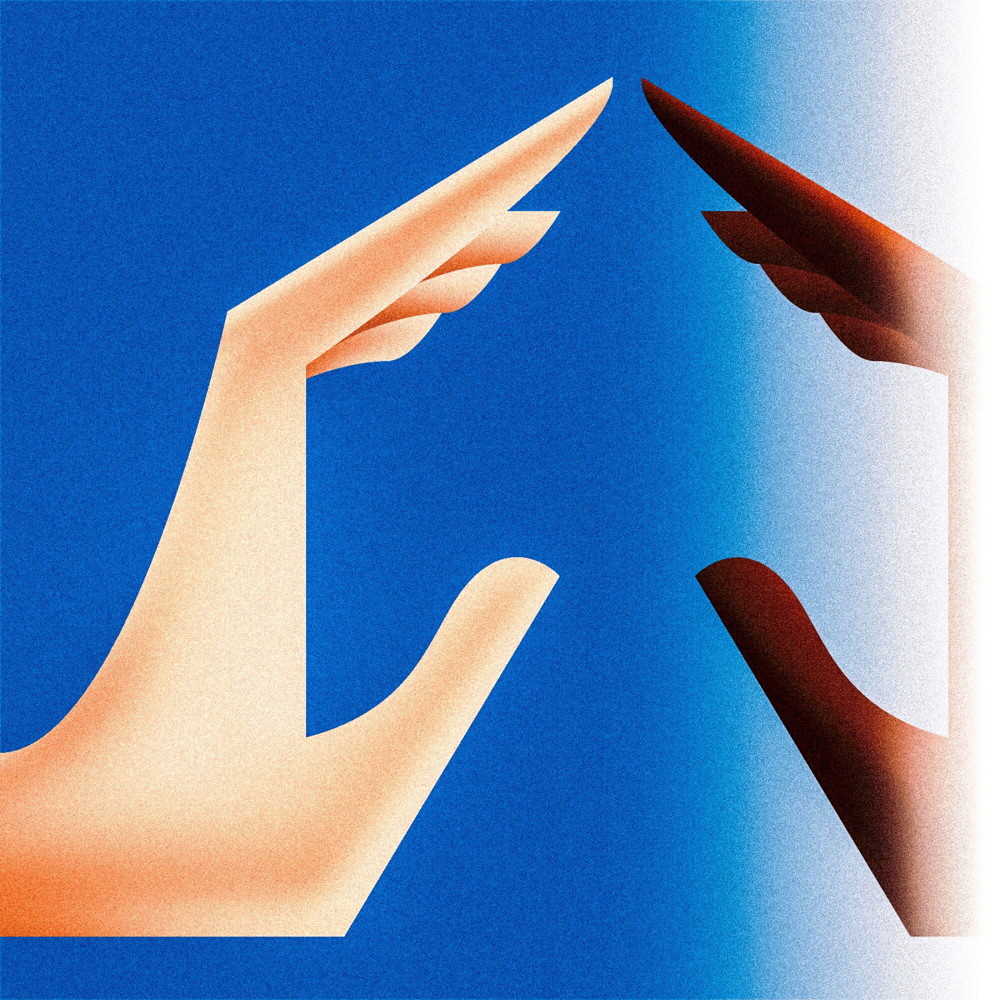 Illustration of two hands reaching out to each other. The left hand is light skin toned; the right hand is dark skin toned.