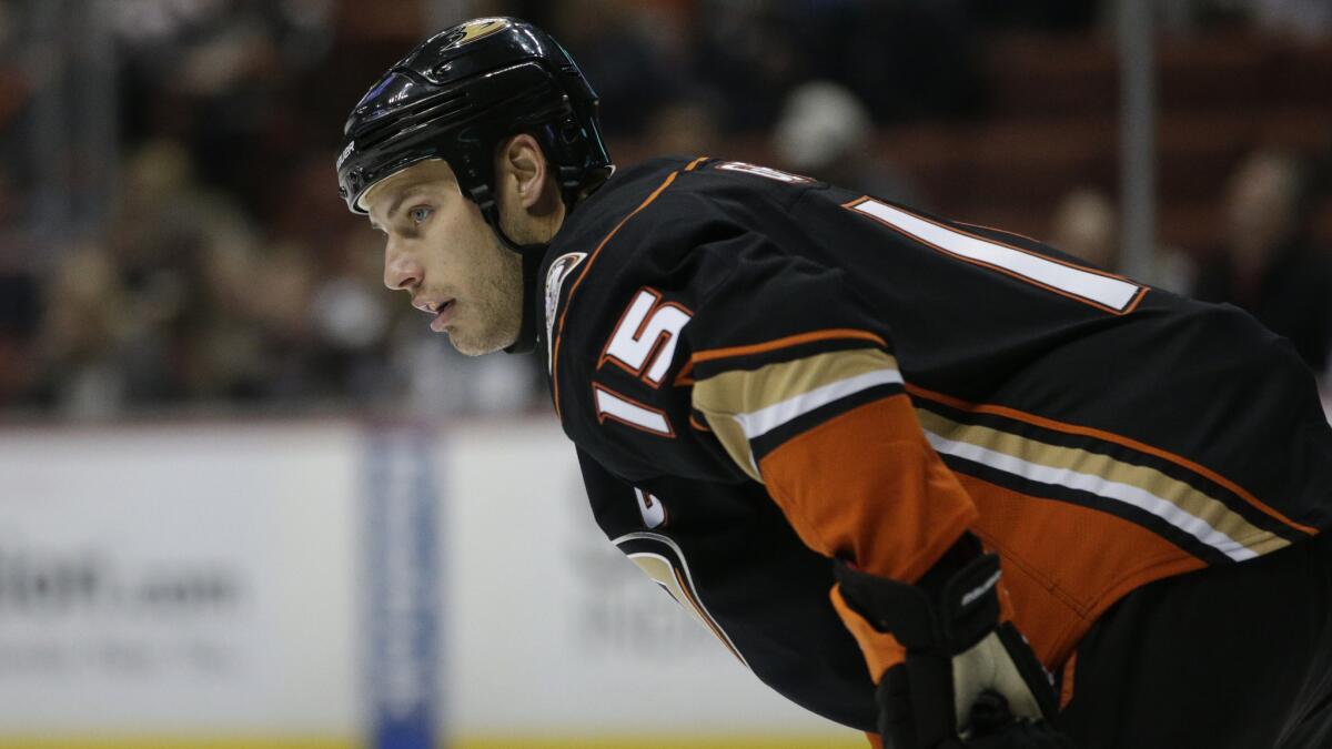 Ducks captain Ryan Getzlaf during a break in play against the St. Louis Blues at Honda Center on Jan. 2.