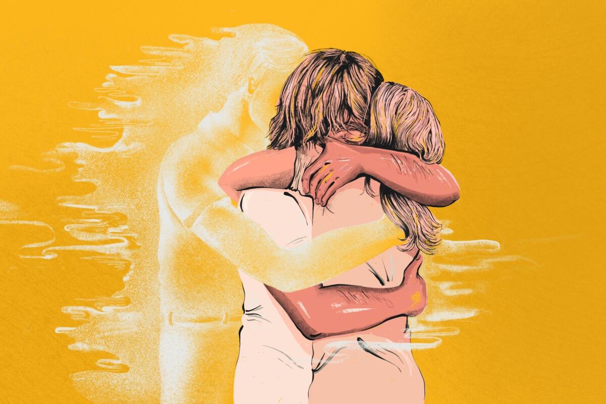 A woman and man hug as a shadowy figure joins in.