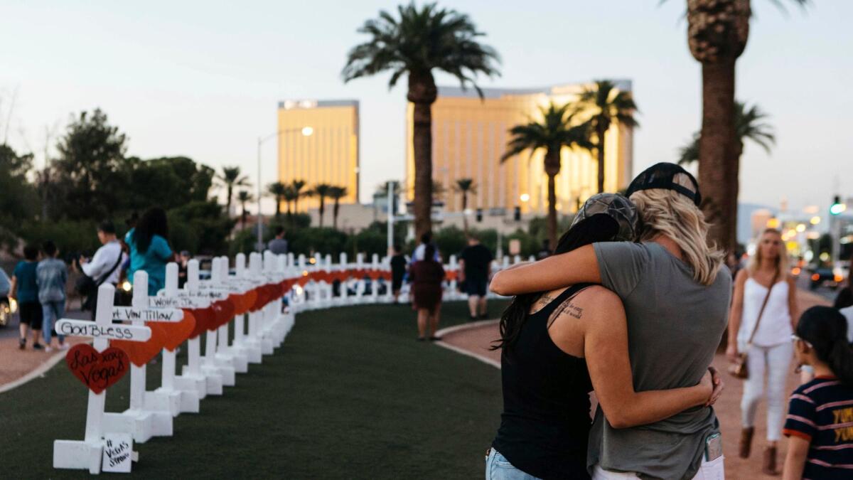 A memorial displaying 58 crosses by Greg Zanis stands in Las Vegas on Oct. 5.
