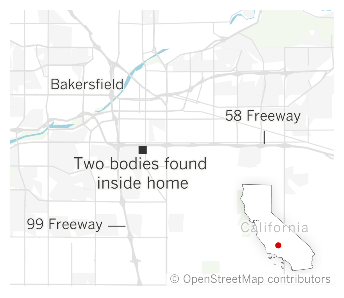 A map shows where two bodies were found in home in the 500 block of H Street in Bakersfield.