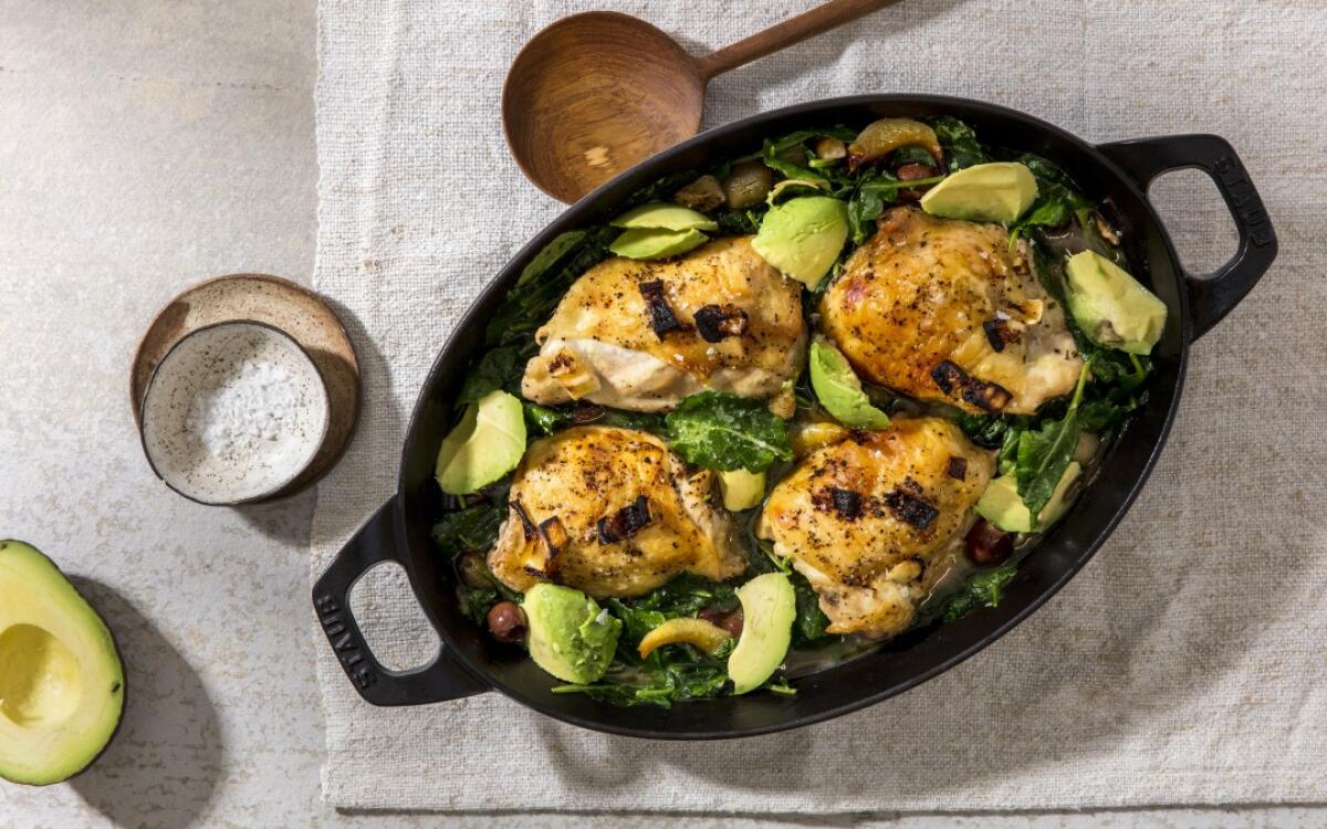 Keto Brine-Braised Chicken Thighs With Kale and Avocado