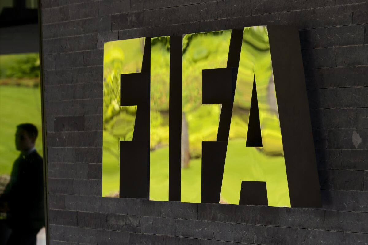 A FIFA logo is pictured outside of the world football governing body's headquarters in Zurich on May 30.