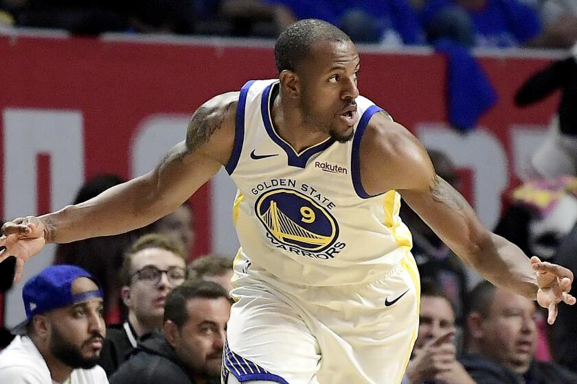 Golden State Warriors guard Andre Iguodala gestures after scoring during the second half in Game 6 of a first-round NBA basketball playoff series against the Los Angeles Clippers Friday, April 26, 2019, in Los Angeles. The Warriors won 129-110. (AP Photo/Mark J. Terrill)