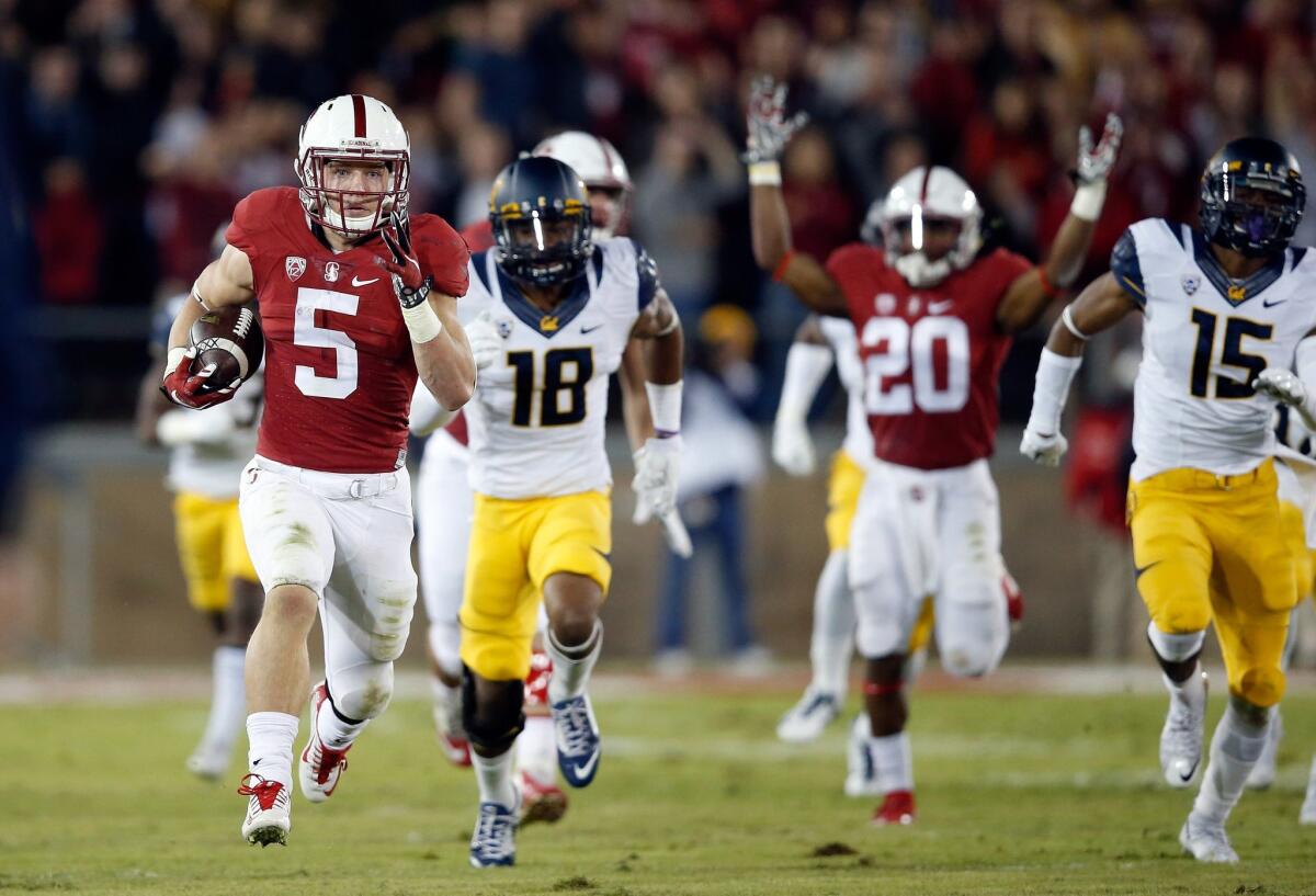 Stanford's Christian McCaffrey returns a kickoff for a touchdown against California on Saturday.