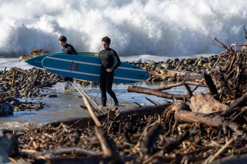 Ventura, CA - December 28: Surfers navigate rocks and driftwood at Surfer's Point as they look for a spot to enter the water as large waves pound the beach on Thursday, Dec. 28, 2023 in Ventura, CA. (Brian van der Brug / Los Angeles Times)