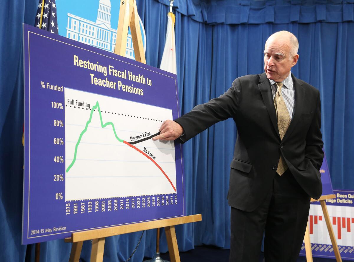 Gov. Jerry Brown outlines his plan to fix the teacher pension fund's $73.7- billion shortfall at a May 13 briefing.